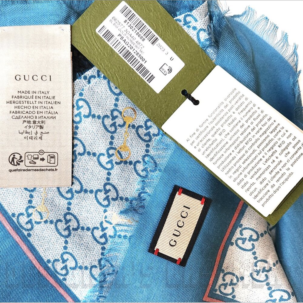 GUCCI blue GG with gold Horsebits print giant 53" - square modal/silk scarf NWT - Picture 3 of 9